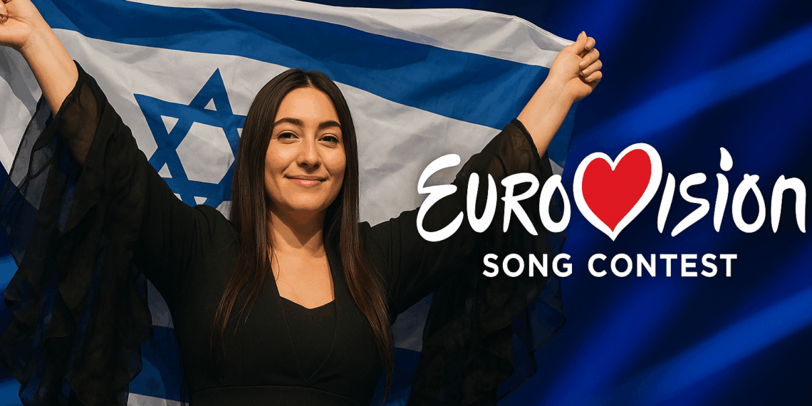 Израильская участница поднимает флаг Израиля на сцене Eurovision Song Contest на фоне ярких синих прожекторов и логотипа конкурса.