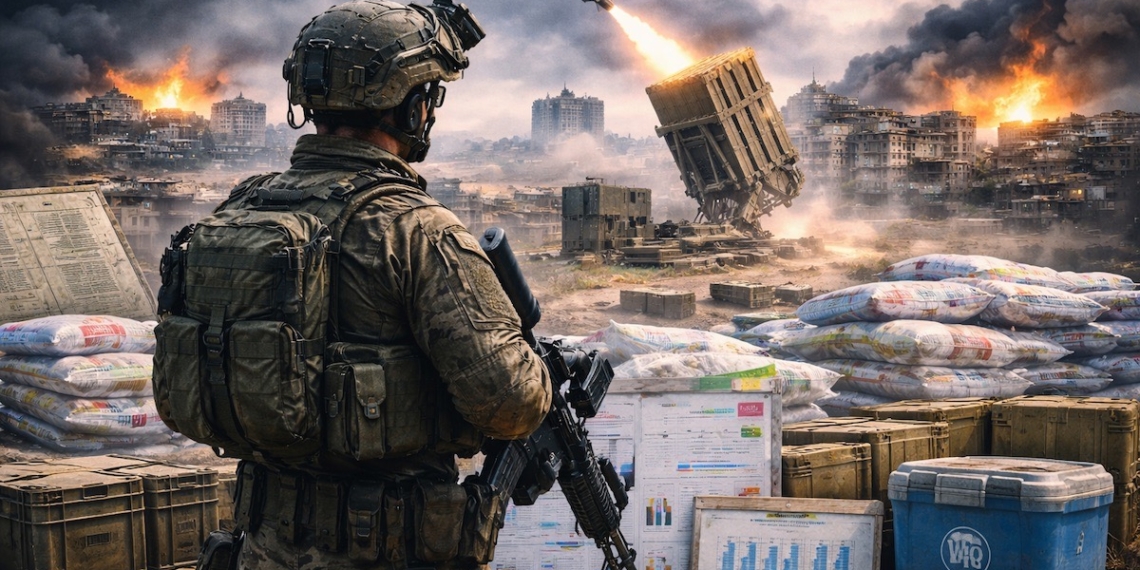 Сцена войны в Газе с военным и гуманитарными грузами как иллюстрация к материалу о споре вокруг обвинений в «геноциде» и проверке фактов.