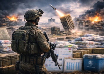 Сцена войны в Газе с военным и гуманитарными грузами как иллюстрация к материалу о споре вокруг обвинений в «геноциде» и проверке фактов.