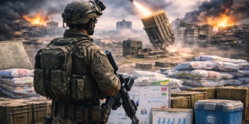 Сцена войны в Газе с военным и гуманитарными грузами как иллюстрация к материалу о споре вокруг обвинений в «геноциде» и проверке фактов.