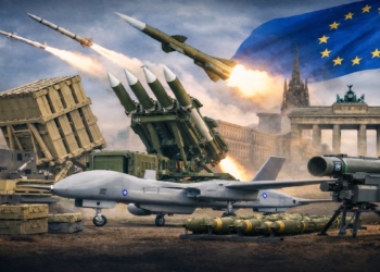 Израильские оборонные системы и беспилотник на фоне европейского города как символ роста экспорта вооружений Израиля в Европу в 2024 году.