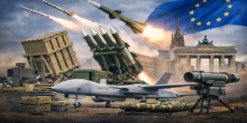 Израильские оборонные системы и беспилотник на фоне европейского города как символ роста экспорта вооружений Израиля в Европу в 2024 году.