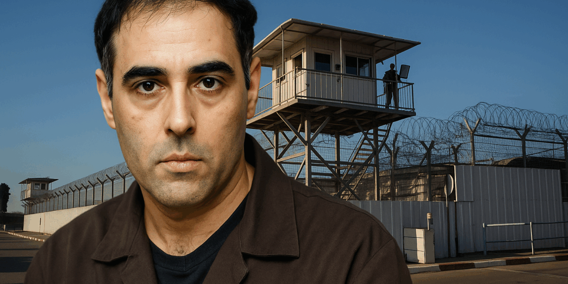 Игаль Амир на фоне тюремной охранной башни и высокого забора с колючей проволокой.